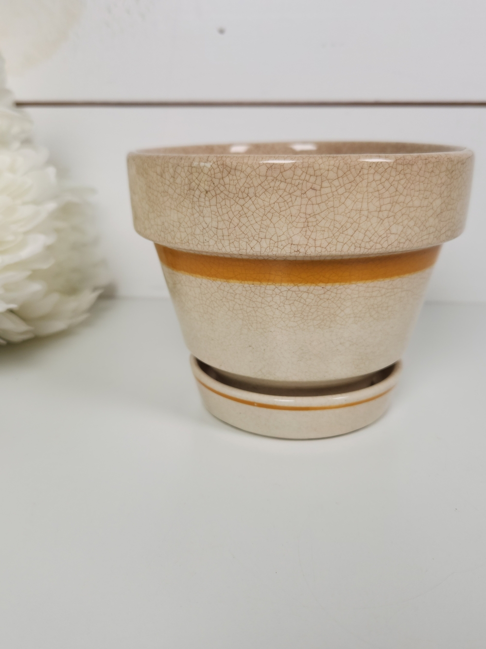 Vintage CDP Stained Crazed Planter with Yellow Stripe | Shabby Chic Shelf Decor